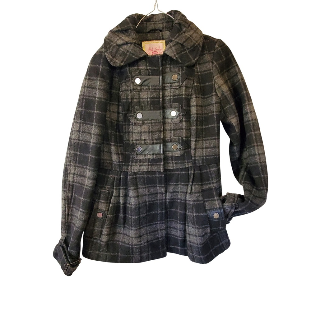 Pink Envelope Grey Plaid Wool Blend Peplum‎ Pea Coat Jacket Small P24605PD-KO